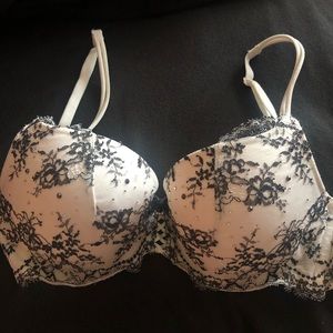 Black and white lace bra with rhinestones